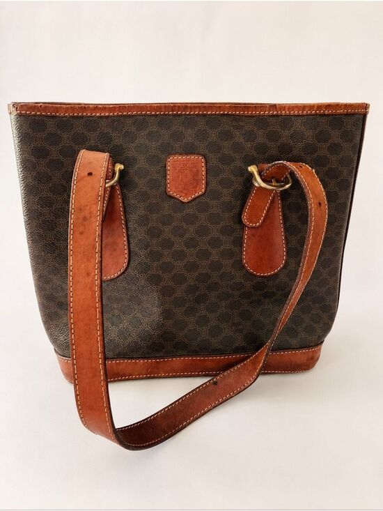 Celine Handbags - Vintage Celine Macadam Brown Leather Shoulder Tote Bag Made in Italy